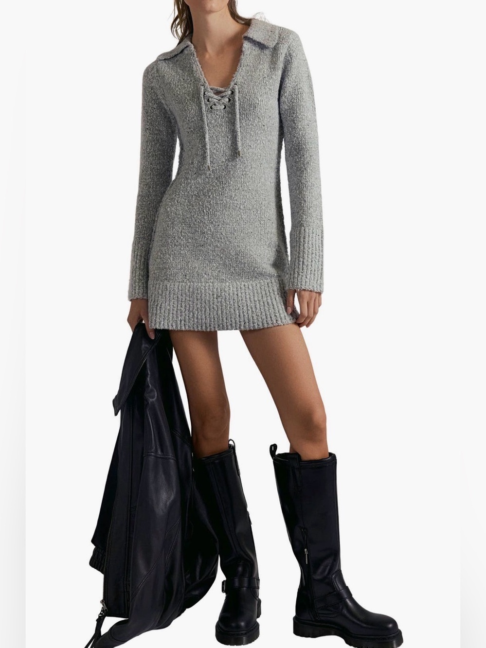 Free People Milena Long Sleeve Mini Sweater Dress Gray Heather Combo NWT Medium